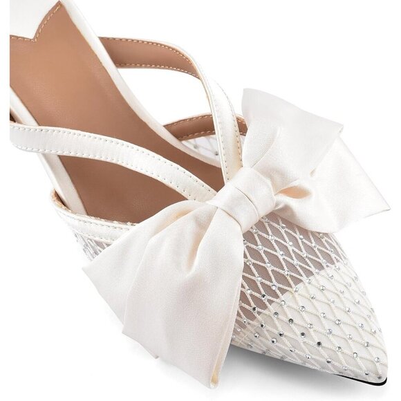 🆕Women White Faux Leather Heeled Mules Kitten Heel Pointed Toe Mesh Bow Sandals - Picture 5 of 5